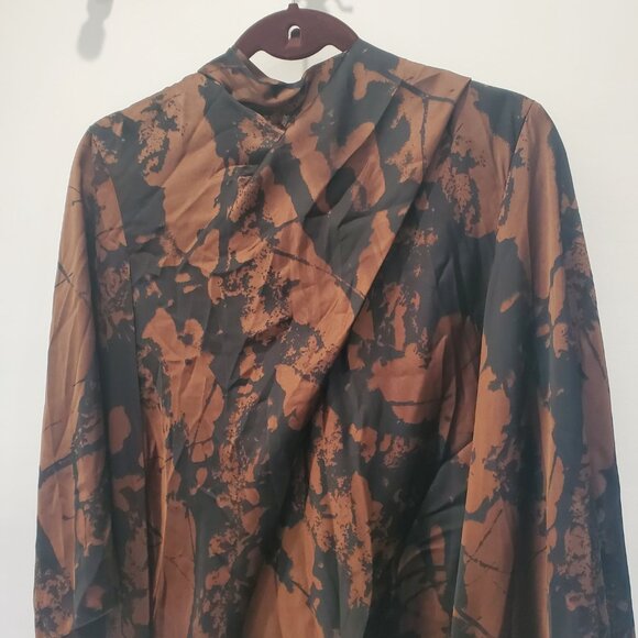 Zara New Brown & Black Abstract Tie Front Blouse with Full Cut Out Long Sleeve L - Picture 7 of 15